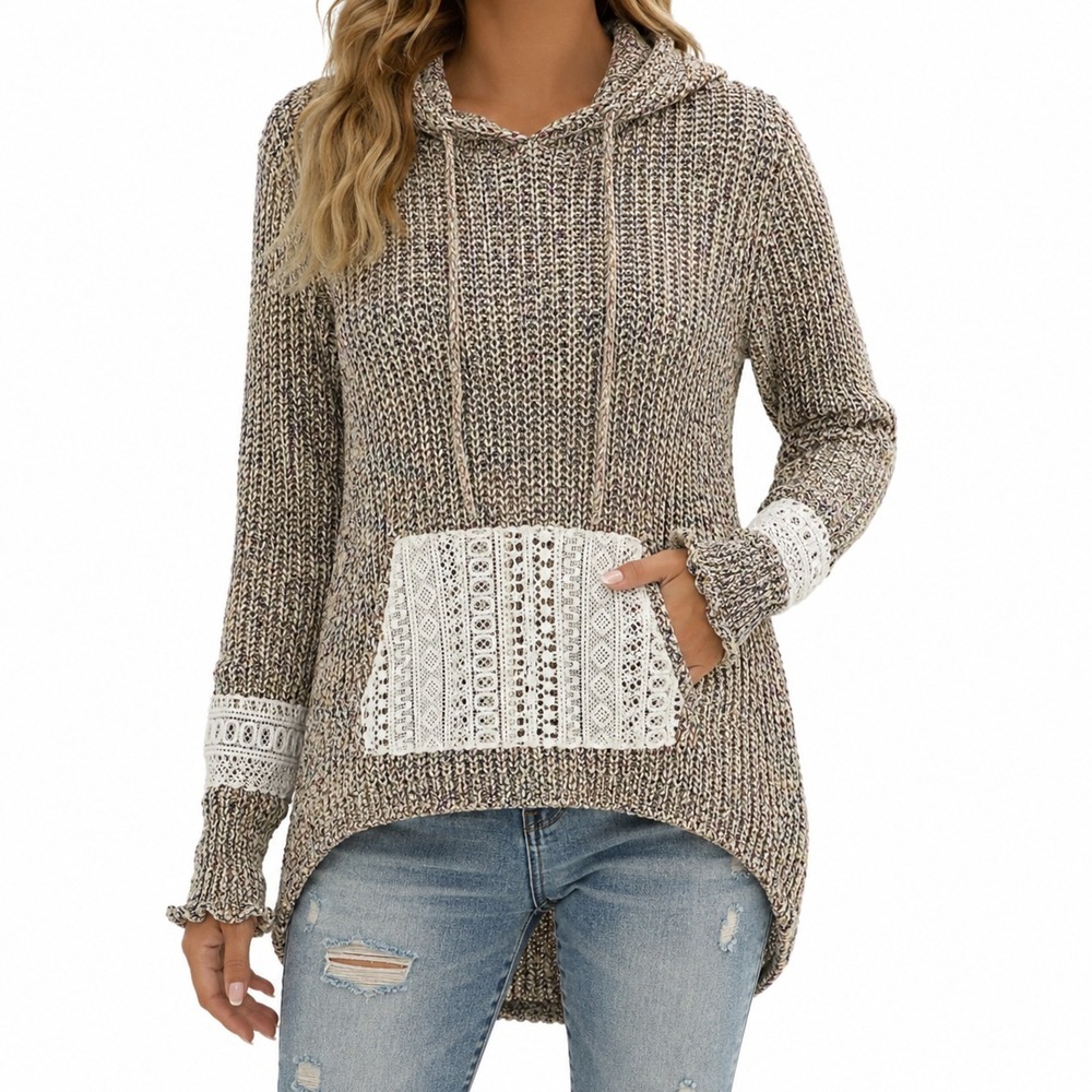POL Tunic Sweater Womens 2XL Crochet Open Knit Lace Hood Cottagecore Boho